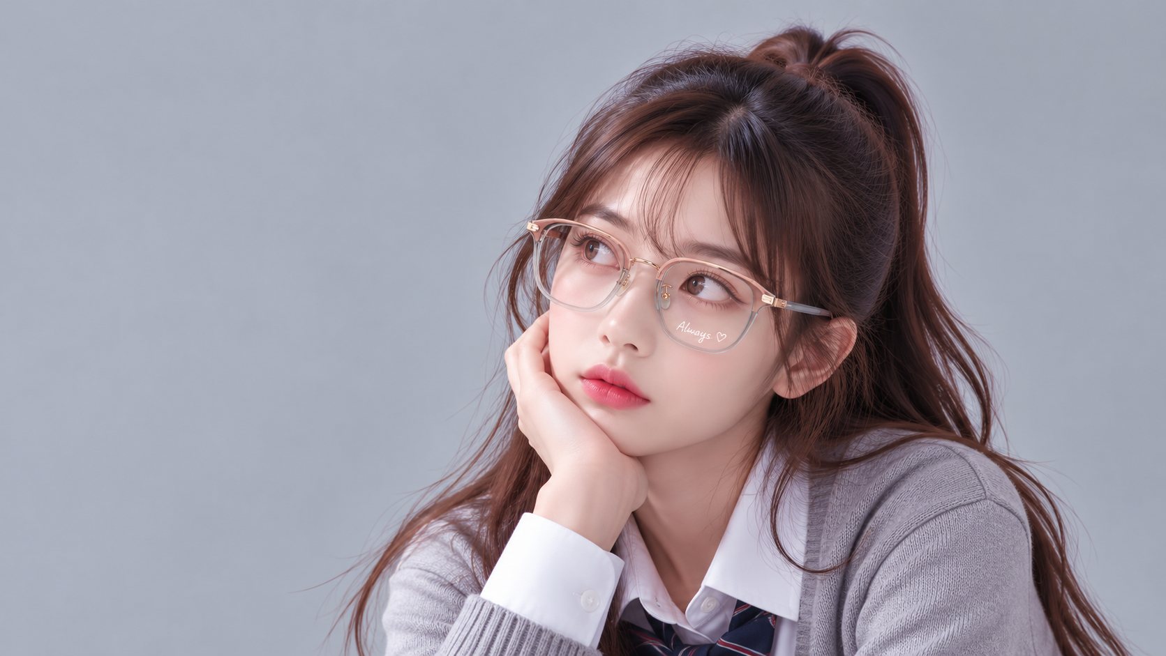 戴著玫瑰金眼鏡、鏡片刻著 Always 的少女